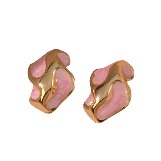 Pink Enamel Abstract Stud Earrings, 18K Gold Plated Stainless Steel