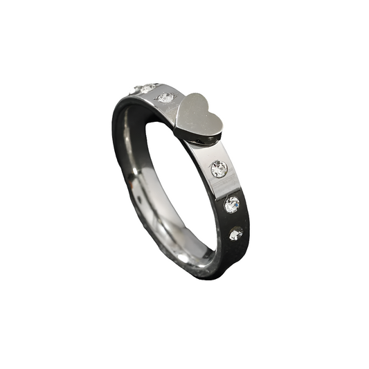 Silver Plated Heart Charm Zircon Band Ring Stainless Steel Tarnish Free