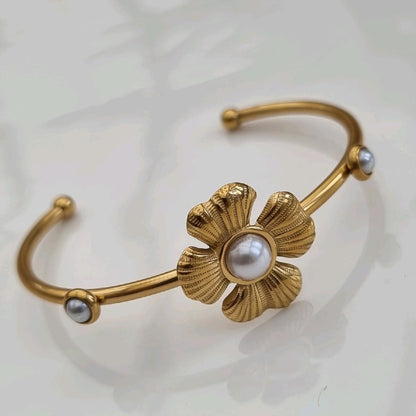 Flower & Pearl Bangle 18k Gold Plated Cuff Bangle