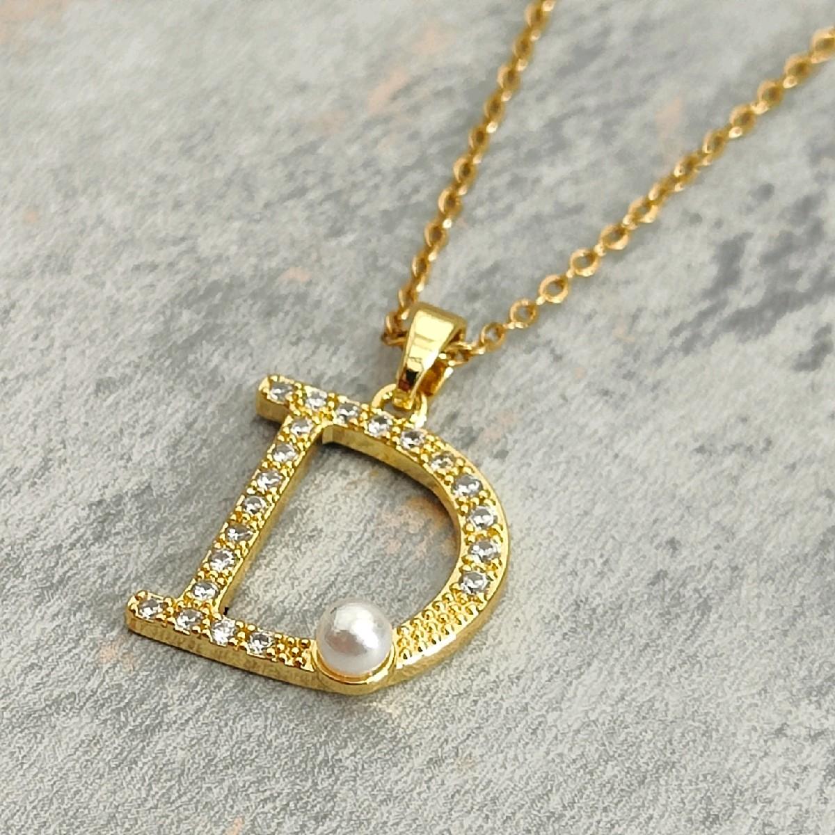 18k Gold Plated D Pendant  Necklace with CZ Stones