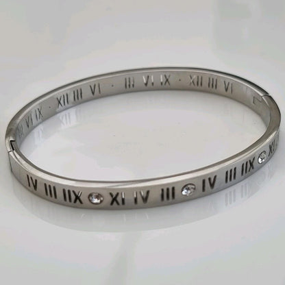 Wide Roman Numeral Zircon Bangle Stainless Steel