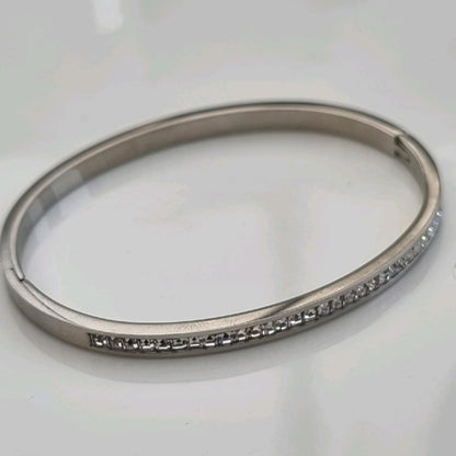 Silver Plated Sleek Stacking Zircon Bangle Stainless Steel