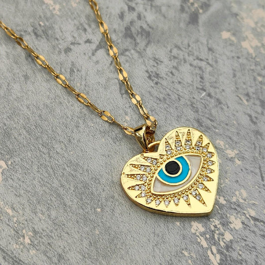 18K Gold Plated Evil Eye Heart Pendant Necklace