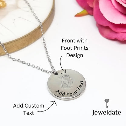 Personalised Mum's Necklace, Custom Engraved Baby Foot Print Pendant New Mum Gift, Baby Shower Present