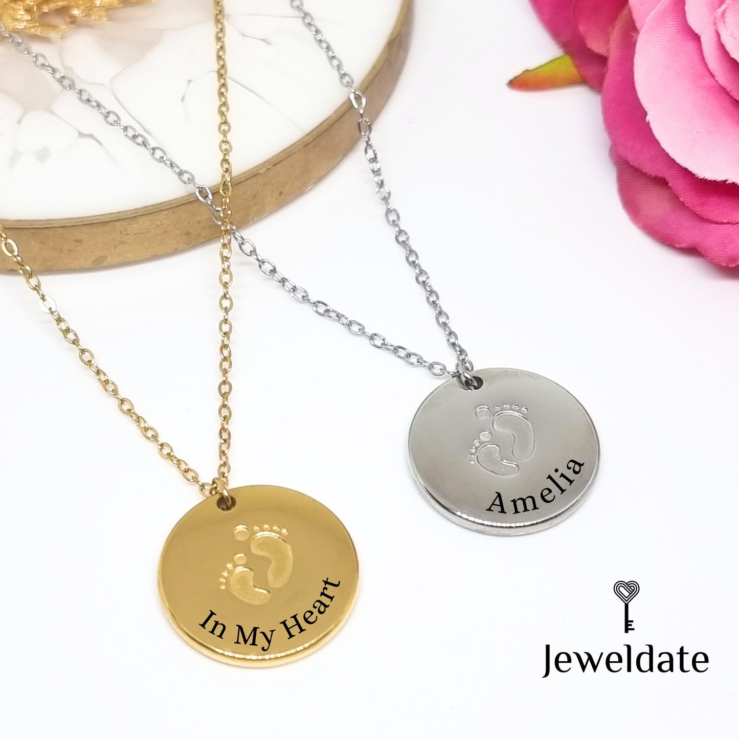 Personalised Mum's Necklace, Custom Engraved Baby Foot Print Pendant New Mum Gift, Baby Shower Present