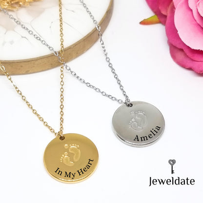 Personalised Mum's Necklace, Custom Engraved Baby Foot Print Pendant New Mum Gift, Baby Shower Present