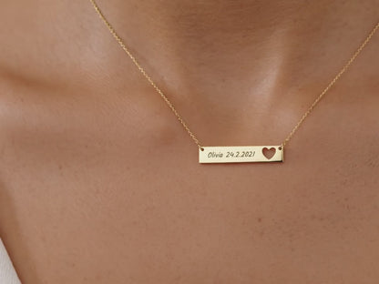 Personalised Necklace, Custom Engraved Horizontal Bar Heart Pendant, Gold Silver Name Bar GIft