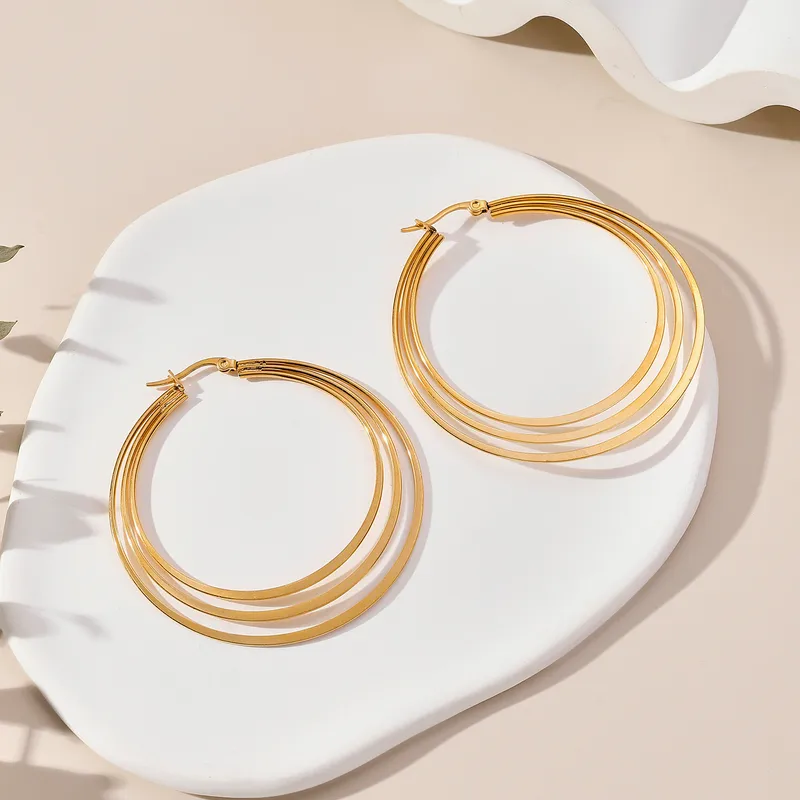 Triple Hoop Flat Gold Plated Earrings, Stainless Steel