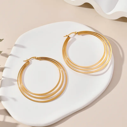 Triple Hoop Flat Gold Plated Earrings, Stainless Steel