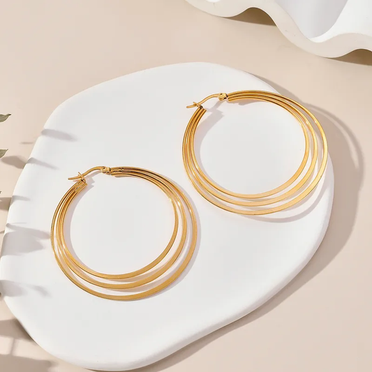 Triple Hoop Flat Gold Plated Earrings, Stainless Steel