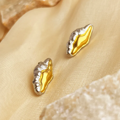 Dual Tone Shell Earrings, 18K Gold Plated, Stainless Steel
