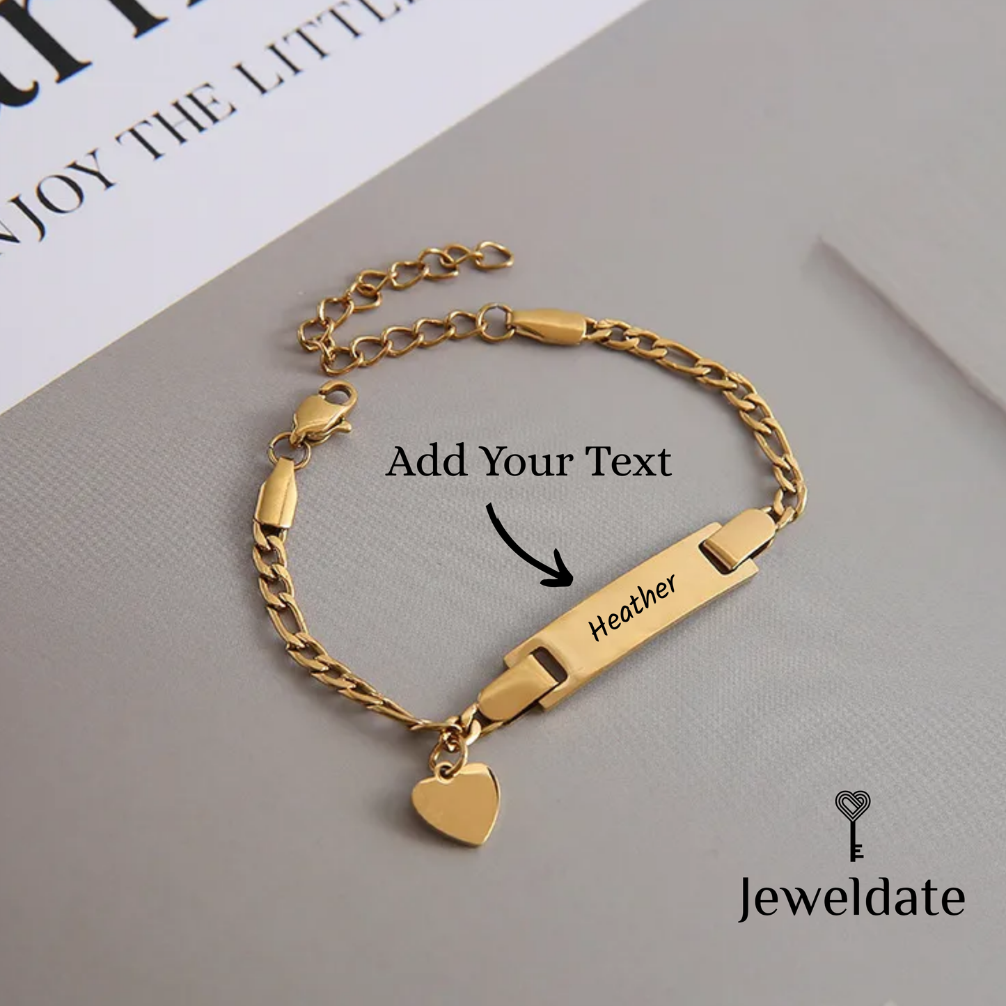 Personalised Bar Pendant Chain Bracelet, Custom Heart Butterfly Charm Bracelet, Engraved Charm Bracelet Gift for Women