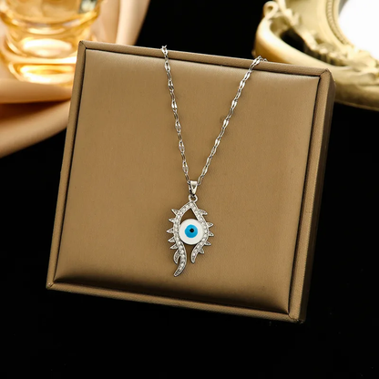 Statement Silver Plated Zircon Evil Eye Pendant Necklace Stainless Steel