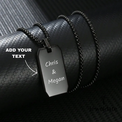 Personalised Silver Necklace for Men, Engraveable Men's Black Pendant, Geometric Custom Necklace for Him