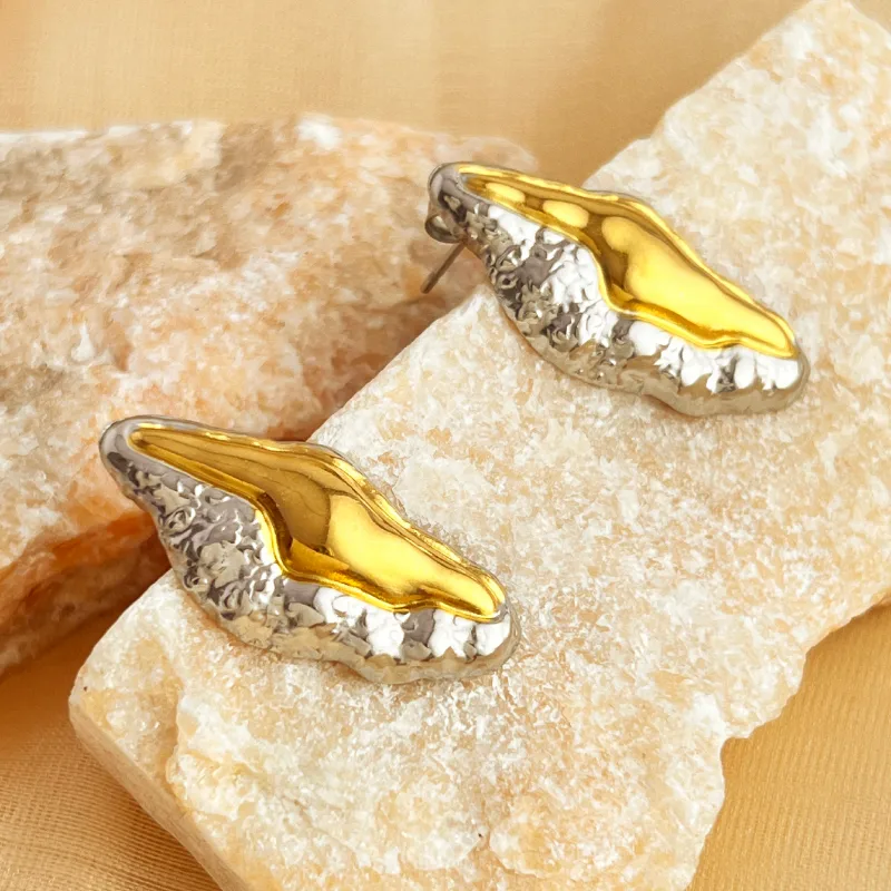 Dual Tone Shell Earrings, 18K Gold Plated, Stainless Steel