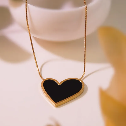 Black Gold Abstract Heart Pendant Necklace 18K Gold Plated