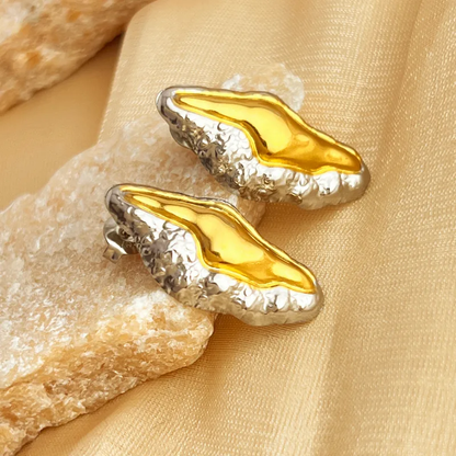 Dual Tone Shell Earrings, 18K Gold Plated, Stainless Steel