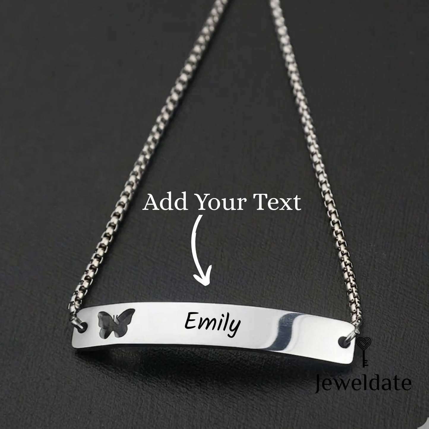 Personalised Butterfly Bar Pendant Bracelet, Engraved Gold Silver Slider Bracelet, Custom Bracelet Gift for Her