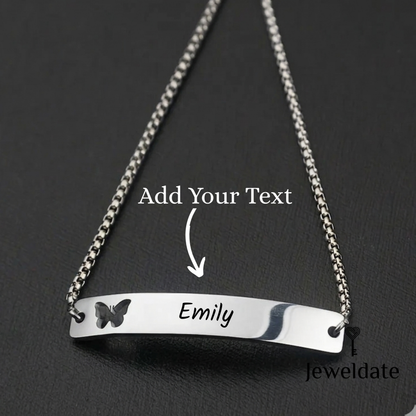 Personalised Butterfly Bar Pendant Bracelet, Engraved Gold Silver Slider Bracelet, Custom Bracelet Gift for Her