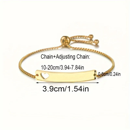 Personalised Gold Heart Bar Pendant Bracelet, Engraved Silver Slider Bracelet, Custom Bracelet Gift for Her