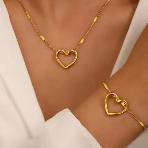 Classic Twisted Heart Pendant Necklace and Dainty Bracelet 18K Gold Plated Tarnish Free Waterproof