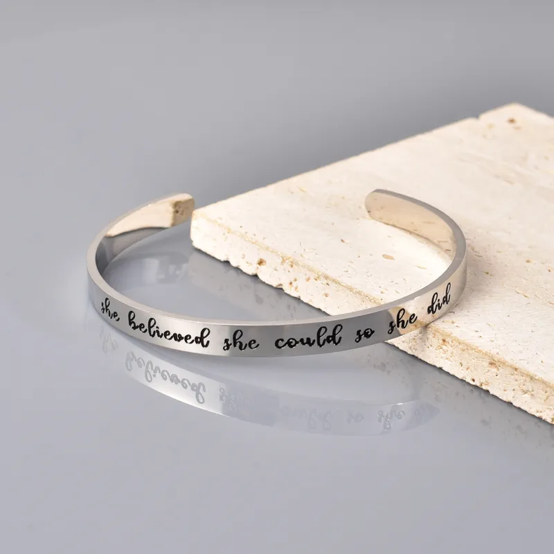 Affirmation She Believed She Could So She Did Engraved Cuff Bangle,  Stainless Steel