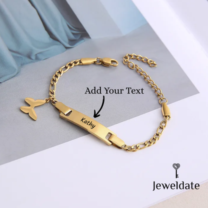 Personalised Bar Pendant Chain Bracelet, Custom Heart Butterfly Charm Bracelet, Engraved Charm Bracelet Gift for Women