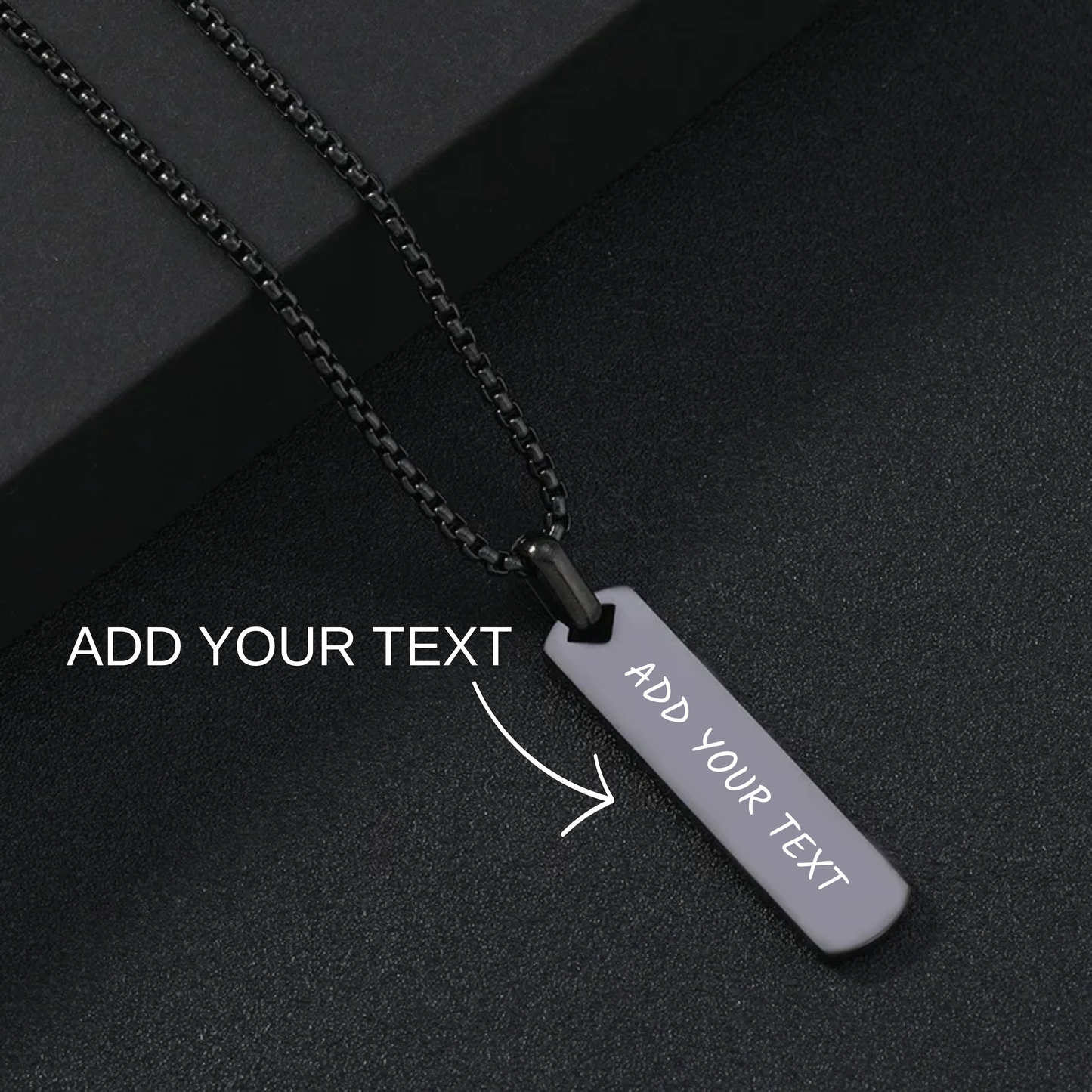 Personalised Slim Rectangle Pendant, Custom Engraved Vertical Bar Necklace for Men, Black Silver Gold Necklace for Gift for Him
