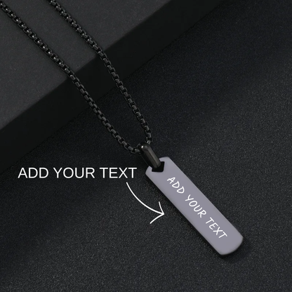 Personalised Slim Rectangle Pendant, Custom Engraved Vertical Bar Necklace for Men, Black Silver Gold Necklace for Gift for Him