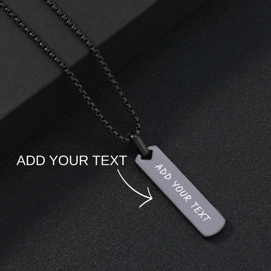 Personalised Slim Rectangle Pendant, Custom Engraved Vertical Bar Necklace for Men, Black Silver Gold Necklace for Gift for Him