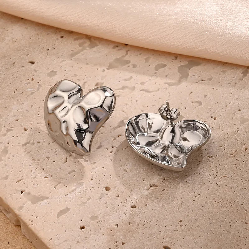 Silver Hammered Heart Stud Earrings, Stainless Steel