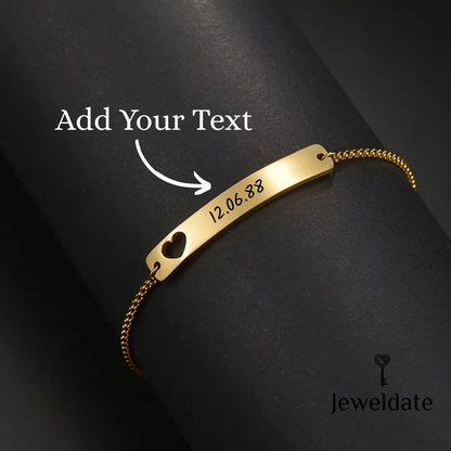 Personalised Gold Heart Bar Pendant Bracelet, Engraved Silver Slider Bracelet, Custom Bracelet Gift for Her