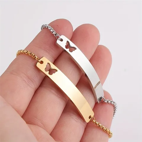 Personalised Butterfly Bar Pendant Bracelet, Engraved Gold Silver Slider Bracelet, Custom Bracelet Gift for Her