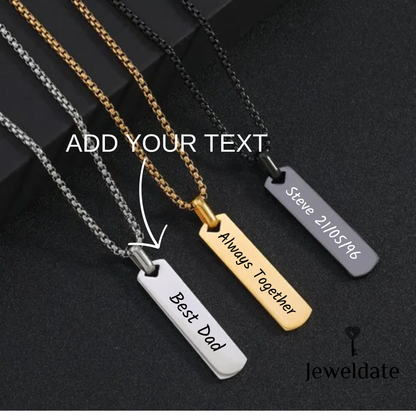 Personalised Slim Rectangle Pendant, Custom Engraved Vertical Bar Necklace for Men, Black Silver Gold Necklace for Gift for Him