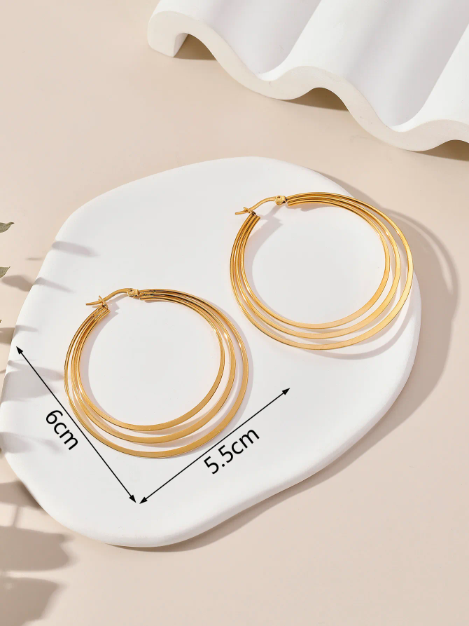 Triple Hoop Flat Gold Plated Earrings, Stainless Steel