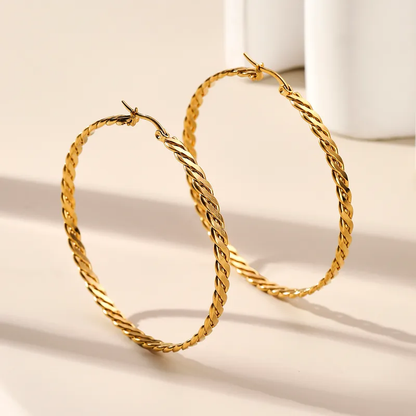 Twisted Big Gold Plated Hoop Earrings, Stainless Steel