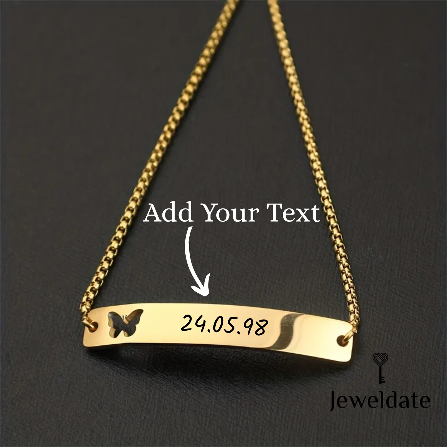 Personalised Butterfly Bar Pendant Bracelet, Engraved Gold Silver Slider Bracelet, Custom Bracelet Gift for Her
