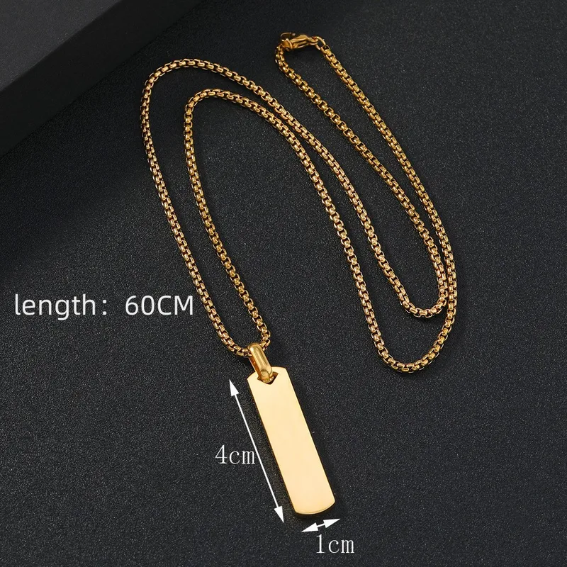Personalised Slim Rectangle Pendant, Custom Engraved Vertical Bar Necklace for Men, Black Silver Gold Necklace for Gift for Him