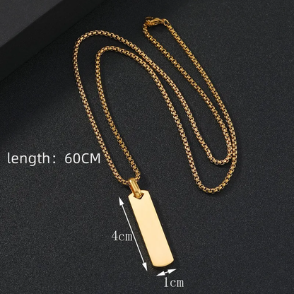 Personalised Slim Rectangle Pendant, Custom Engraved Vertical Bar Necklace for Men, Black Silver Gold Necklace for Gift for Him