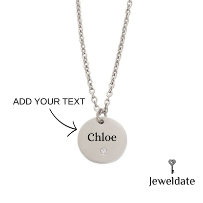 Personalised Zircon Disc Necklace, Engraved Round Diamond Pendant, Customised Gold Silver Necklace Gift for Her