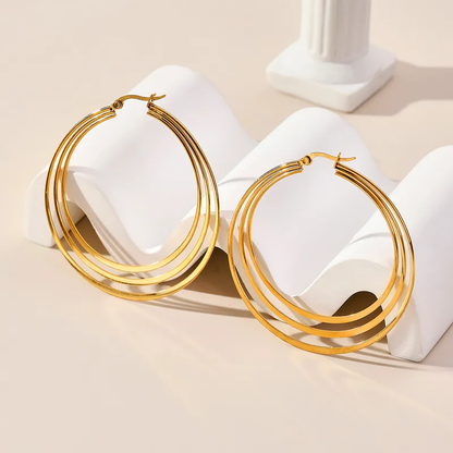 Triple Hoop Flat Gold Plated Earrings, Stainless Steel